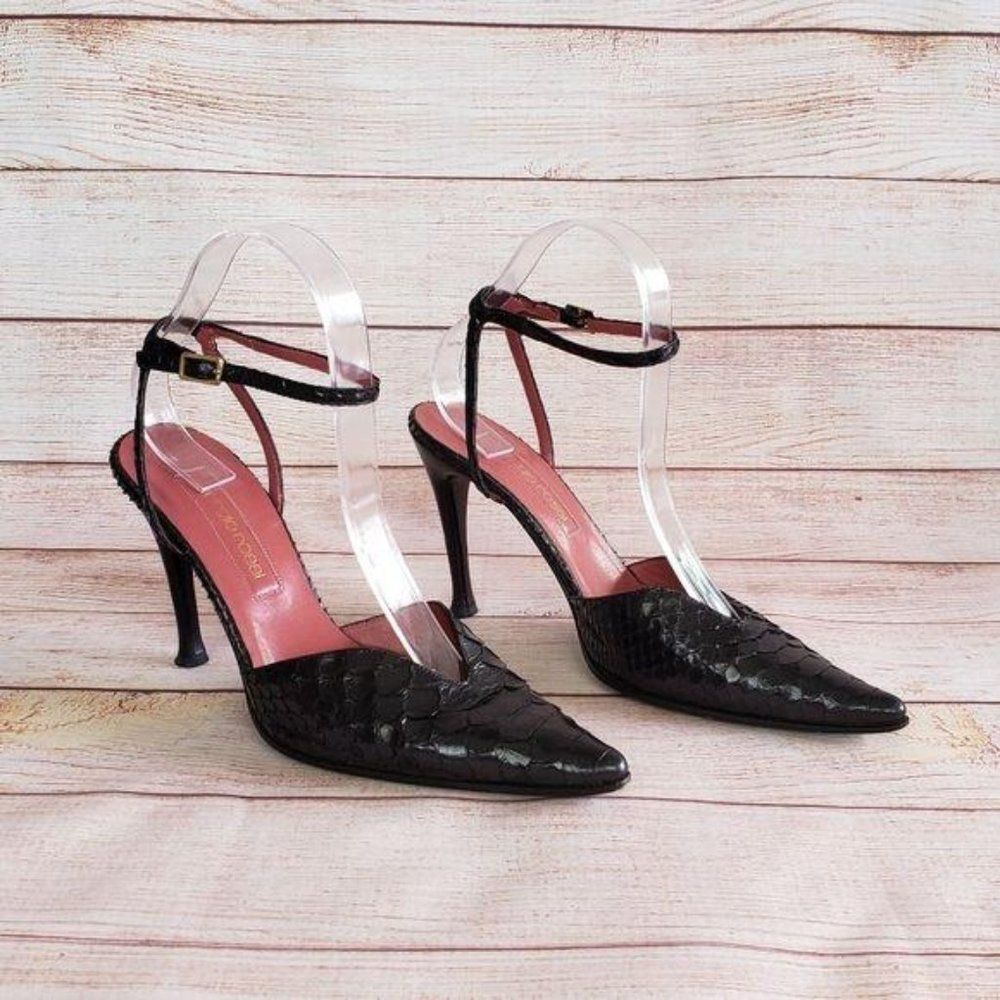 Sergio Rossi Black Leather Snakeskin Ankle Strap Heels Pointy Toe Size 38 1/2